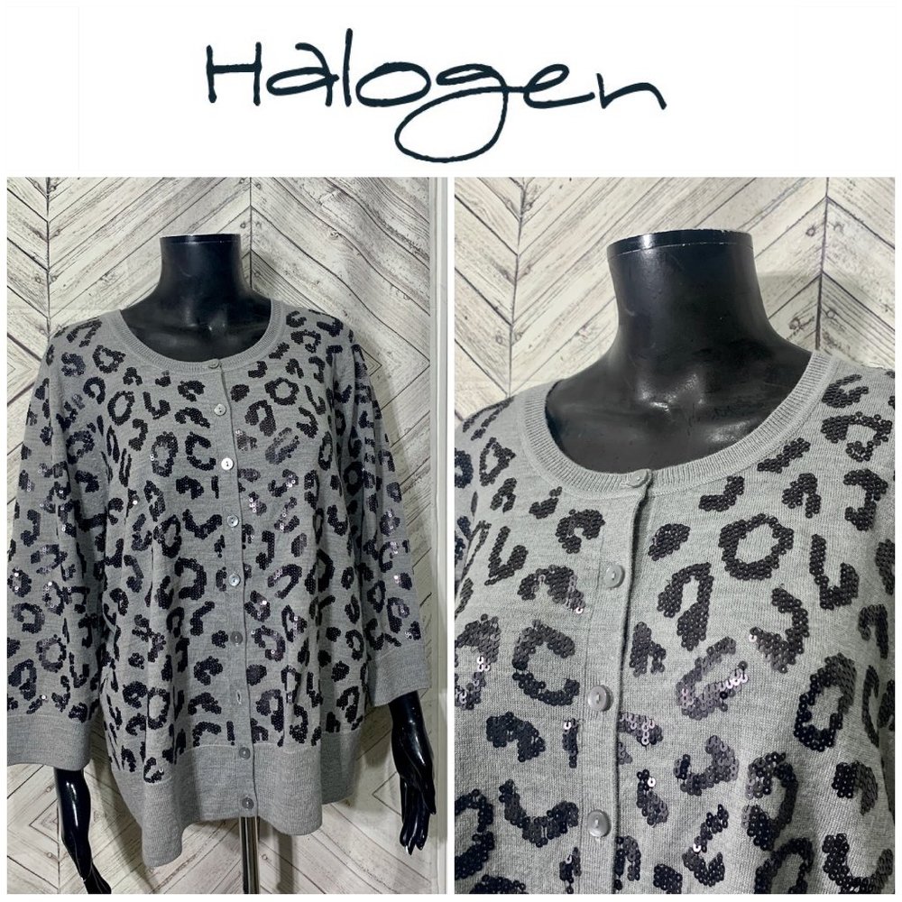 halogen  1X gray sequin animal print knit cardigan